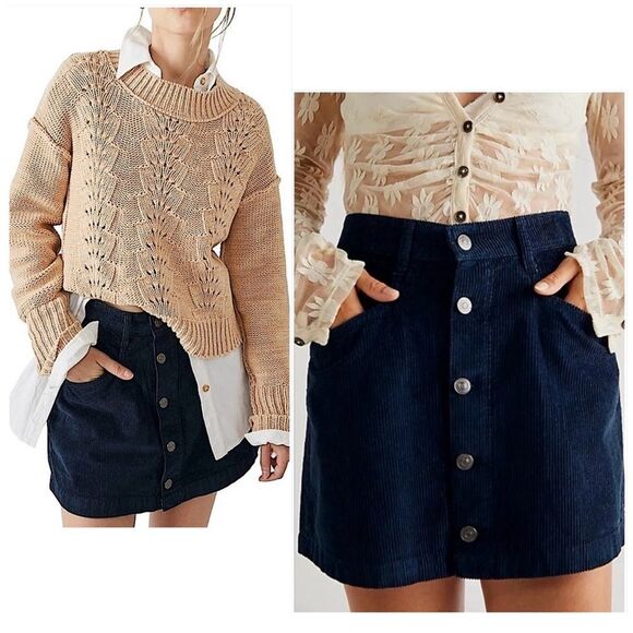 Miss Selfridge Corduroy Button-Front A-Line Skirt in Navy - Picture 1 of 10